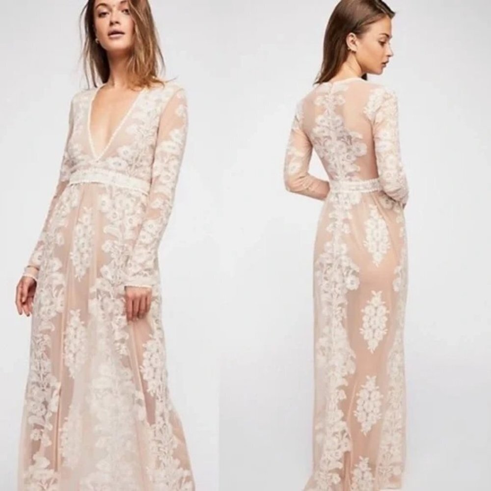 🌼 For Love & Lemons Ivory White Temecula Floral Lace Mesh Embroidered Maxi Dress